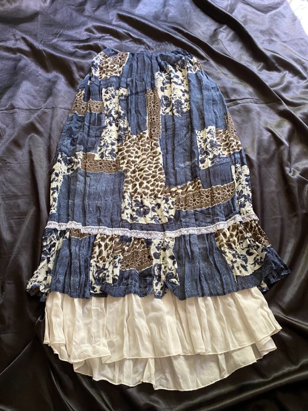 Vintage y2k Denim Leopard Lace Patchwork Laceup Boho Western Fairy Skirt Size 6 - Picture 8 of 8